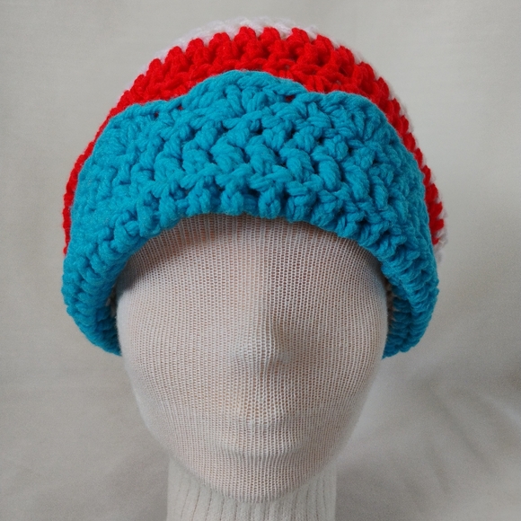 Striped Crochet Lighthouse Beanie Vibrant Red White & Blue Handmade Winter Hat - Picture 3 of 8